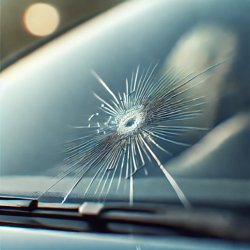 Ein Steinschlag in der Windschutzscheibe eines Autos
